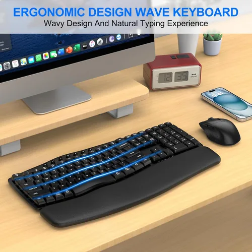 Vista 2 de Combo ergonómico de teclado inalámbrico y mouse, conexión EDJO Bluetooth/2.4G de modo dual, reposamuñecas de espuma suave, escritura silenciosa