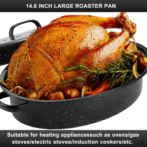 Vista 2 de Sartén para asar pavo ovalada esmaltada de 14.6 pulgadas con tapa abovedada, regalo para la madre, cubierta, antiadherente, libre de productos