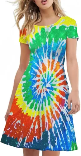 Vista 3 de POLERO Vestido floral de hongos para mujer, vestido midi de talla grande, vestido de verano de manga corta, cuello redondo, vestidos de línea A