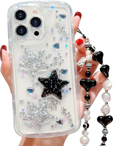 Vista 44 de Compatible con iPhone 11 Pro Funda Transparente Bonita con Diseño de Estrella con Purpurina en 3D con Perlas y Pulsera de Perlas, Diseño de Cadena