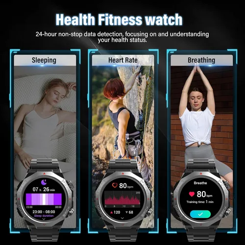 Vista 4 de Relojes inteligentes militares para hombres (respuesta/hacer llamadas), relojes de fitness HD de 1.39 pulgadas, monitor de frecuencia