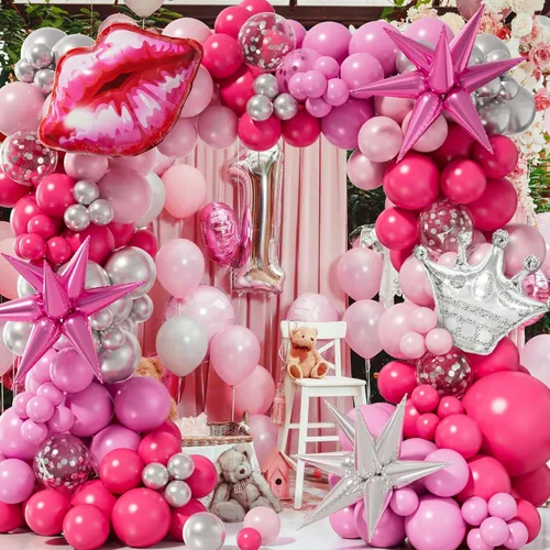 Vista 3 de Kit de guirnalda de globos rosa y plateado de princesa de 173 piezas con estrella en explosión, globo de corona plateada para decoración de fiesta