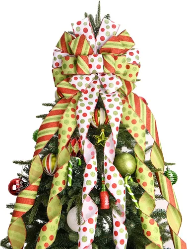Vista 8 de Adorno de lazo grande para punta de árbol de Navidad y corona, lazo con cinta de poliéster con puntos verdes y rojos, para hogar, Acción de Gracias