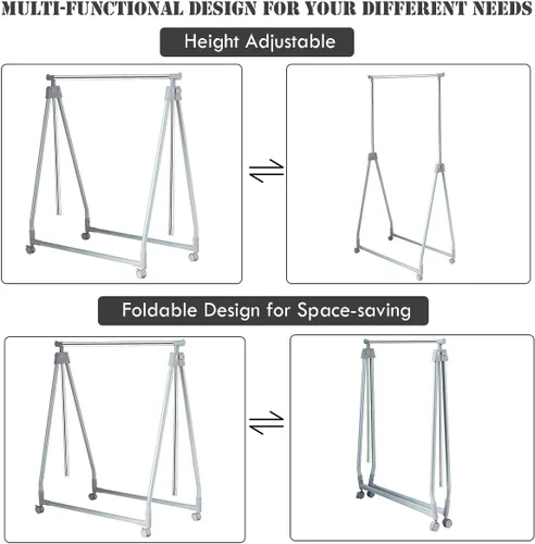 Vista 9 de Tangkula Perchero extensible para ropa, resistente y plegable con barra para colgar ajustable, colgador de ropa rodante para oficina en casa