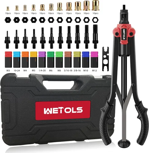 Vista 10 de WETOLS Herramienta de tuerca de remache 3 en 1, pistola de remache, juego de escariadores, kit de remachadora profesional con 5 cabezas de remache
