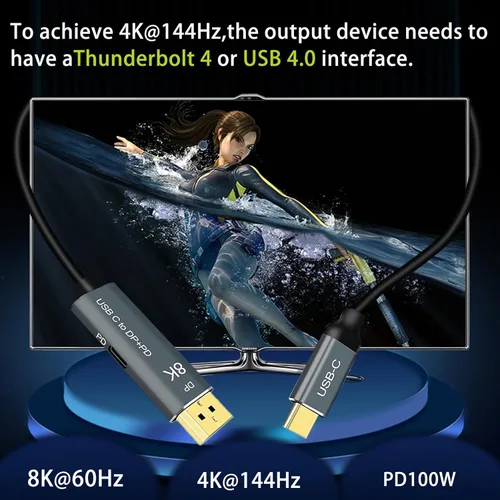 Vista 5 de Cable USB C a DisplayPort con adaptador de carga rápida PD de 100 W 8K @60Hz-Thunderbolt 3/4 a DP Cable 4K a 240Hz compatible con iPhone 15 M1/M2