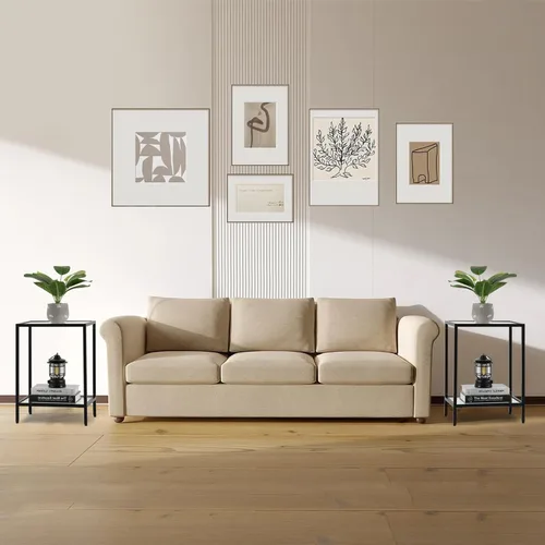 Vista 2 de Gawicpy Moderna mesa auxiliar de vidrio templado de 2 niveles, elegante mesa auxiliar de metal negro para espacios pequeños, perfecta para sala