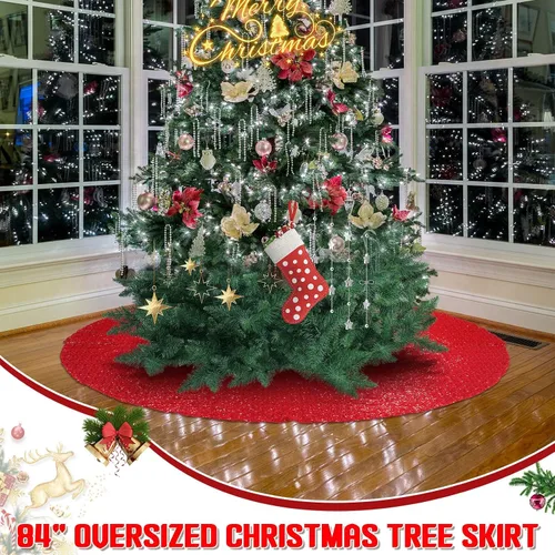 Vista 7 de Libima Falda de Árbol de Navidad Grande Roja de 84 Pulgadas de Tamaño Extra Grande con Lentejuelas Navideñas Redonda Brillante Magníficos Adornos