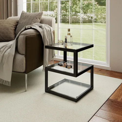 Vista 5 de Mesa auxiliar de vidrio Permory, mesa lateral de 3 niveles con tira de LED, mesa de diseño único en forma de S para sala de estar y dormitorio
