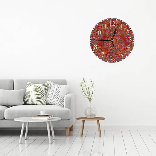 Vista 5 de Reloj de Pared Bohemio con Textura Paisley de 10 Pulgadas Operado por Batería Vector Color Rojo Brillante Reloj Silencioso Sin Tictac Relojes