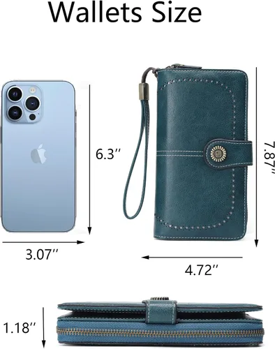 Vista 5 de Billetera de cuero para mujer, de gran capacidad, con cremallera, cartera con cremallera para mujer, 1-azul pavo real, L, Moderno