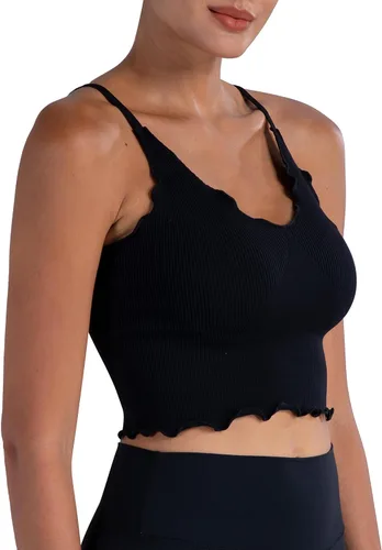 Vista 2 de Sunzel Womens Seamless Tank Tops V Neck Ribbed Cropped Tops with Ruffles and Adjustable Straps for Workout Yoga