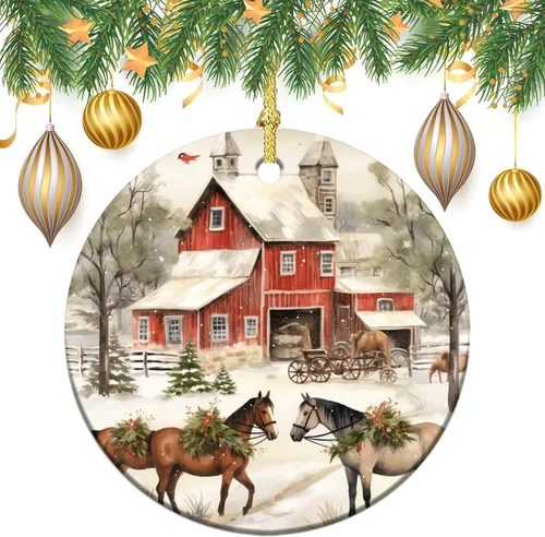 Vista 2 de Adorno navideño de caballos de granja, regalo para amantes de los caballos, de porcelana de doble cara, adorno de 3 pulgadas para árbol de Navidad