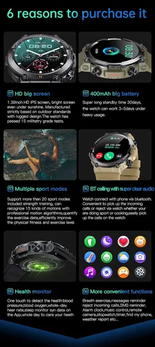 Vista 8 de Relojes inteligentes con pantalla IPS de 1.39 pulgadas para hombres, resistente y táctico, rastreador de actividad física con llamada