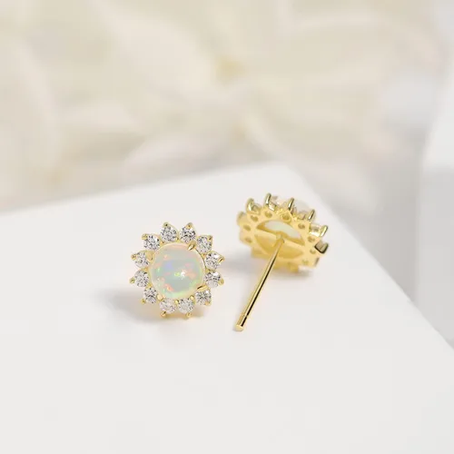 Vista 8 de Aretes de ópalo de fuego blanco de 0.177 x 0.177 in, delicados aretes redondos de ópalo con piedra natal de octubre, aretes de ópalo delicados