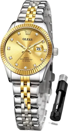 Vista 12 de OLEVS Relojes para Mujeres Vestido de Negocios Femenino Damas para Muñeca Pequeña Reloj Tono Dorado y Plateado Banda de Acero Inoxidable Analógico