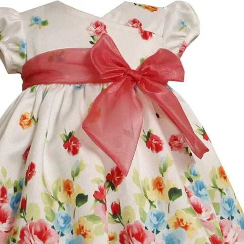 Vista 2 de Bonnie Jean Vestido Shantung con borde floral para niñas recién nacidas, para ocasiones especiales, fiesta social, Pascua, borde floralcoral, 3-6
