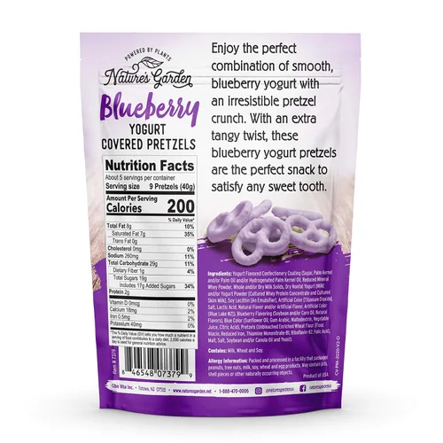 Vista 2 de Nature's Garden Pretzels cubiertos de yogur de arándanos, sin grasas trans, aperitivo indulgente, pretzels saborizados, bolsa de 7 onzas