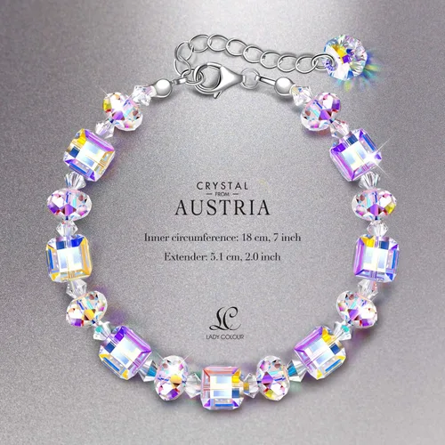 Vista 2 de LADY COLOUR Un poco de romance Pulseras de plata de ley para mujer, pulsera de cristales de la aurora boreal de 7 pulgadas + 2 pulgadas