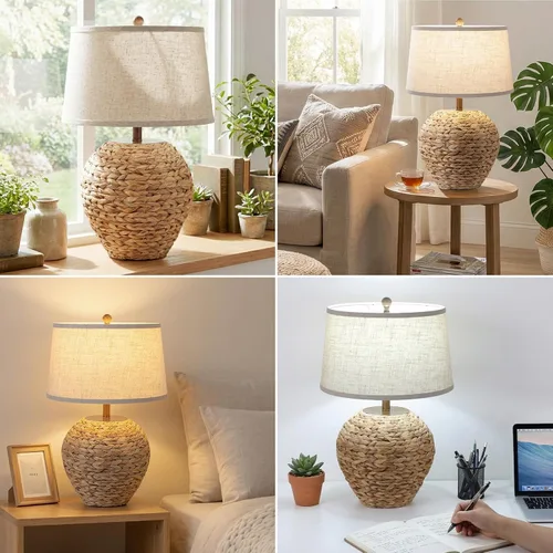 Vista 8 de TOBUSA Lámpara de mesa de ratán de 25 pulgadas para sala de estar, lámpara de mimbre bohemia costera con 3 temperaturas de color, lámpara de cesta