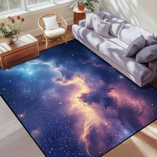 Vista 4 de Alfombra galaxia de 2 x 3 pies para habitación de niños, alfombra de cielo estrellado de pelo bajo, antideslizante, lavable, alfombra nebulosa