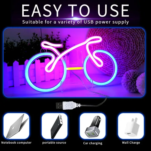 Vista 7 de ENUOLI Letreros de neón para bicicleta para decoración de pared, luces de neón de bicicleta para dormitorio, luz LED para bicicleta con USB