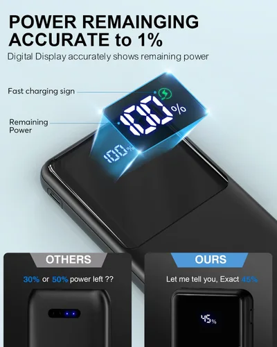 Vista 6 de Cargador portátil Power Bank de 10000 mAh PD 22.5 W, pantalla LED y entrada USB-C, artículos esenciales de viaje, compatible con teléfonos Negro