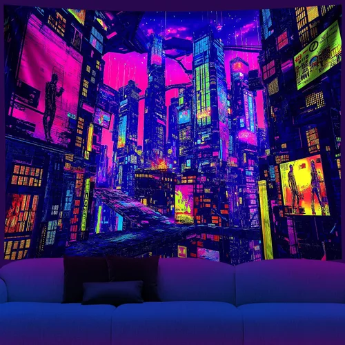 Vista 10 de NYZE Tapiz de luz negra de ciudad, tapiz de anime japonés, juego punk, fantasía, vista nocturna, paisaje urbano, arte futurista, neón, tapices