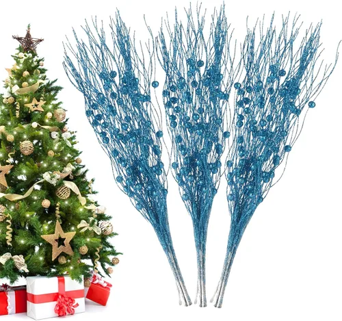 Vista 9 de Losris Decoración de tallos de bayas artificiales con purpurina para Navidad, palitos decorativos de cuentas, picks de Navidad, ramitas y ramas
