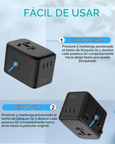 Vista 7 de Universal Travel Adapter 120W GaN Fast Charger for Europe UK US GaN 120W-Negro+Gris