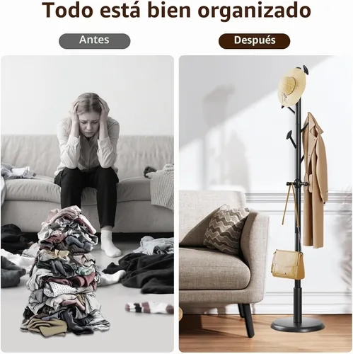 Vista 8 de Taitiy Perchero de madera maciza independiente con 10 ganchos para dormitorio, sala de estar, entrada, soporte resistente para sombreros, abrigos