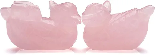 Vista 3 de Jovivi Figura de cuarzo rosa natural, patos mandarinas, Feng Shui, cristal de amor, pájaros en hoja de loto para amor y romance, (hombre y mujer)