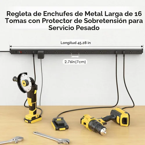 Vista 3 de JUNNUJ Regleta de Corriente Metálica Larga de 16 Tomas, Regletas de Corriente de Servicio Pesado Protección contra Sobretensiones 4800J con Negro