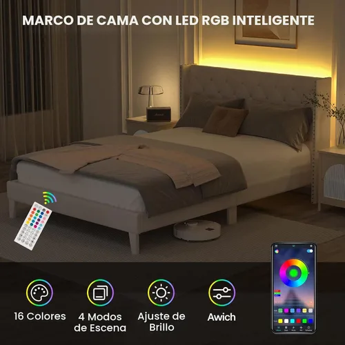 Vista 3 de DOGIBIXO Marco de cama tamaño completo con luces LED, marco de cama tapizado con cabecera de respaldo alado capitonada de diamante, soporte