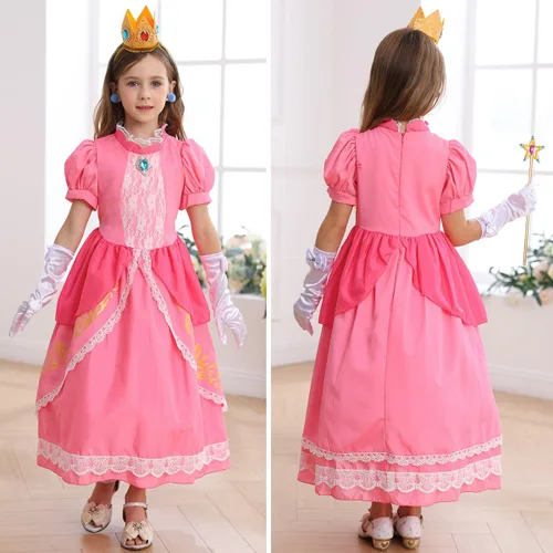 Vista 4 de Disfraz de princesa melocotón para niñas, vestido de princesa de Super Brothers, disfraz rosa para Halloween y cosplay