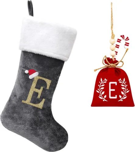 Vista 149 de Calcetines de Navidad bordados de 20 pulgadas con monograma, terciopelo negro con puño de felpa blanca supersuave, adornos clásicos para decoración