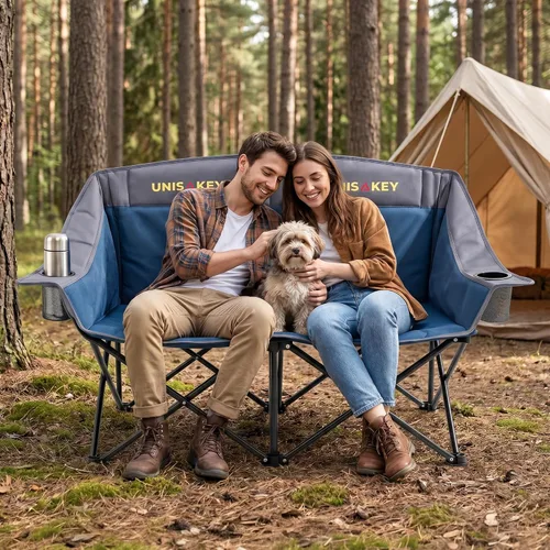 Vista 8 de Unisakey Silla de campamento doble, sofá biplaza acolchado de gran tamaño, silla plegable resistente de 650 libras con portavasos y bolsa de Azul