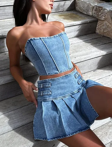 Vista 3 de Conjunto de minifalda sexy para mujer, con hombros descubiertos, tubo de corte bajo, ajustado, falda corta fruncida, traje Y2K, 2 piezas