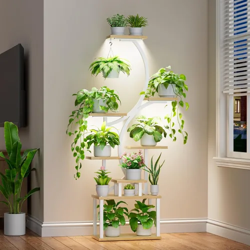 Vista 12 de Soporte para plantas con luces de cultivo para plantas de interior, estante esquinero alto de 8 niveles con luz de espectro completo, en forma de S