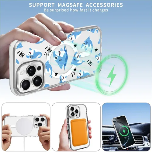 Vista 5 de Funda para iPhone 13 Pro, transparente con bonito patrón de tiburón azul, compatible con Magsafe funda protectora suave para mujeres y niñas (blanco)