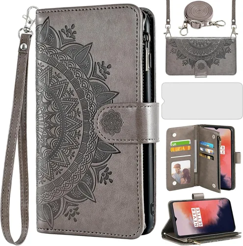 Vista 7 de Asuwish Funda de teléfono para OnePlus 7 6T Wallet Cell Cover con protector de pantalla con correa para la muñeca Mandala Flower Card Holder