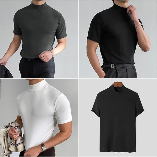Vista 3 de Camiseta de cuello alto para hombre, ajustada, camiseta de manga corta, cuello alto falso, camiseta básica de cuello alto sólido