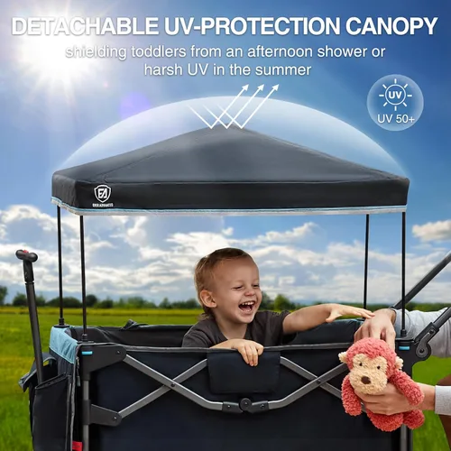 Vista 6 de EVER ADVANCED Vagón ultracompacto para 2 niños, vagón cochecito plegable de viaje de empujar y tirar con toldo desmontable, asas y arneses Negro