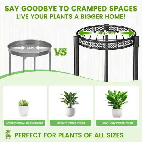Vista 4 de Soporte negro de 2 niveles para plantas en interiores, 30 pulgadas de alto, estante de esquina de metal resistente para plantas estrechas para piso
