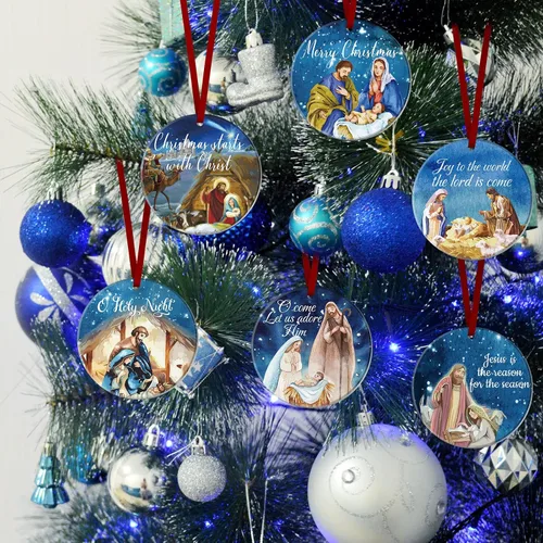 Vista 5 de Karenhi 6 piezas de adornos navideños de escena del nacimiento de Jesús, regalos religiosos, adorno navideño colgante de cerámica, escena