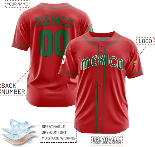 Vista 4 de Camisetas de béisbol personalizadas de México, número de nombre personalizado para hombres y mujeres, camiseta de béisbol de México