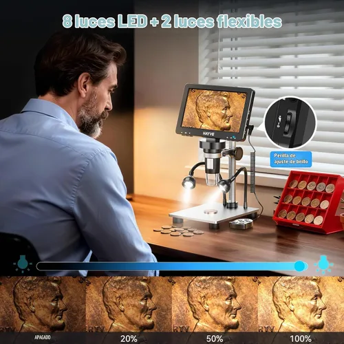 Vista 6 de Hayve 7" IPS Microscopio Digital 1200X DM9 Microscopio Moneda con Luces Sensor de cámara de 16 MP, 10 luces LED, control remoto con cable