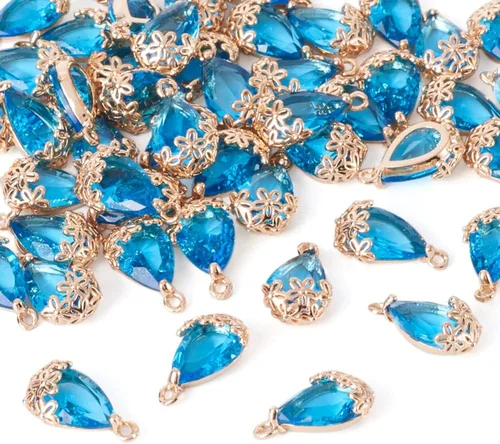 Vista 14 de Cheriswelry 48 colgantes de diamantes de imitación de resina en forma de lágrima con ajustes de latón dorado con diamantes de imitación facetados