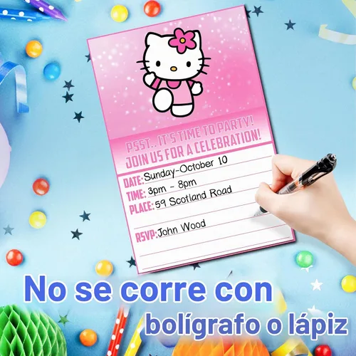 Vista 5 de Juego de 20 lindas tarjetas de invitación de cumpleaños con diseño de gatitos rosas y sobres – Ligeras (240g), invitaciones estilo postal