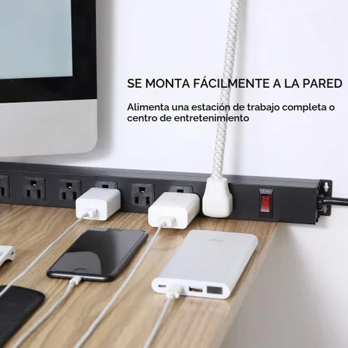 Vista 7 de Tira de alimentación de 10 tomas de 6 pies de largo, cable de extensión resistente para montaje en pared, enchufe de metal para cocina, oficina